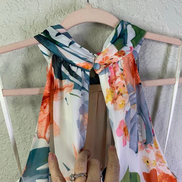 ELIZA J Dress 12 Midi Halter Floral Keyhole Button Neck Closure Ruffle Hem Lined - Picture 11 of 16